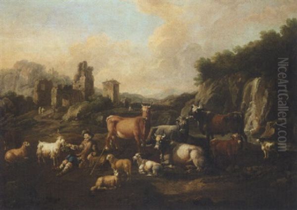 A Landscape With A Drover, Cattle And Goats Beside A Waterfall And Ruins - view 1