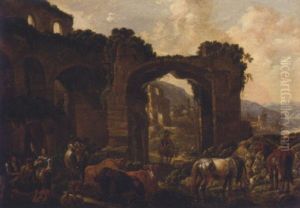 Drovers With Their Cattle At Halt Beneath Classical Ruins by Cajetan Roos