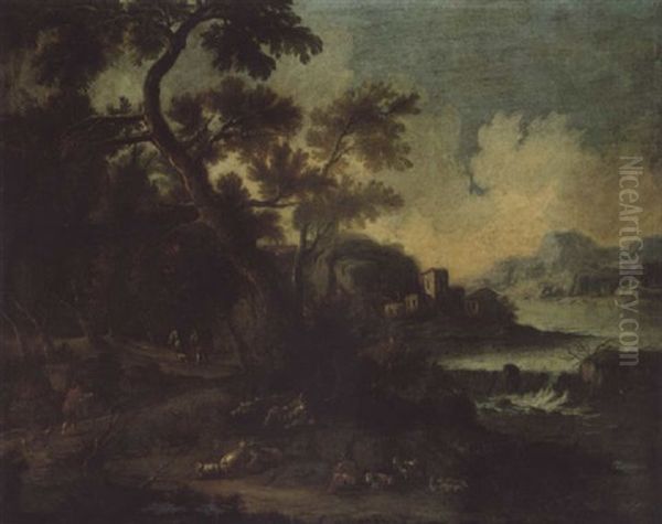 River Landscape With Shepherds And Their Flocks Resting Beside A Track - view 1