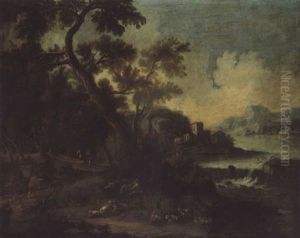 River Landscape With Shepherds And Their Flocks Resting Beside A Track
