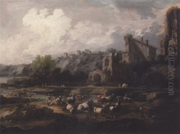 An Italian River Landscape With Drovers And Their Animals, A Town Beyond - view 1