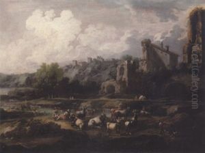 An Italian River Landscape With Drovers And Their Animals, A Town Beyond thumbnail