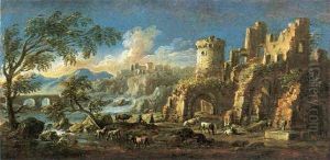 Paesaggio Fluviale Con Rovine, Figure E Mucche Al Pascolo by Cajetan Roos