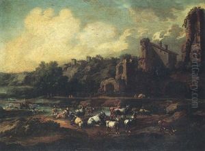 An Italianate River Landscape With Herdsmen Watering Their Cattle, A Ruined Arch Beyond