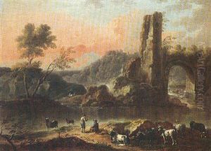 A River Landscape With Herdsmen Watering Their Cattle, A Ruined Arch Beyond