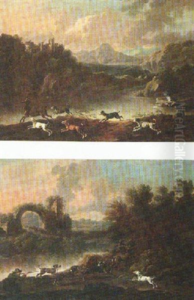 River Landscape With A Huntsman And Hounds Hunting Stags, A Set Of Ruins Beyond - view 1