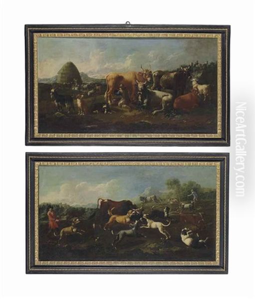 A Herdsman With His Cattle, Milking A Cow In A Landscape; And A Pack Of Dogs Baiting A Bull In A Landscape (pair) - view 1