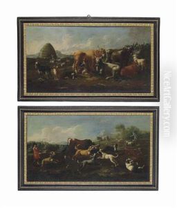 A Herdsman With His Cattle, Milking A Cow In A Landscape; And A Pack Of Dogs Baiting A Bull In A Landscape (pair) by Jacob (Rosa di Napoli) Roos