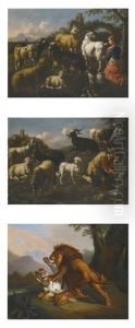 A Shepherdess With Her Flock Beside A Ruined Arch; A Goatherd With His Flock Beside A Spring (pair) by Jacob (Rosa di Napoli) Roos