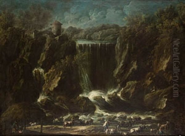Paisaje Con Cascada, Personajes Y Animales - view 1