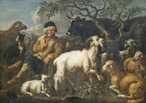 Alter Hirte Mit Seiner Herde In Der Campagna by Jacob (Rosa di Napoli) Roos