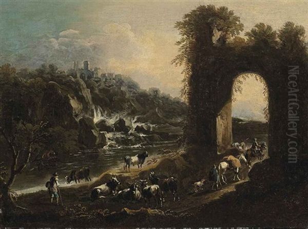 A River Landscape With Drovers And Their Cattle By An Arch, A Waterfall Beyond - view 1