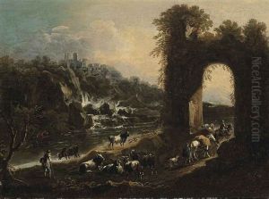 A River Landscape With Drovers And Their Cattle By An Arch, A Waterfall Beyond by Jacob (Rosa di Napoli) Roos