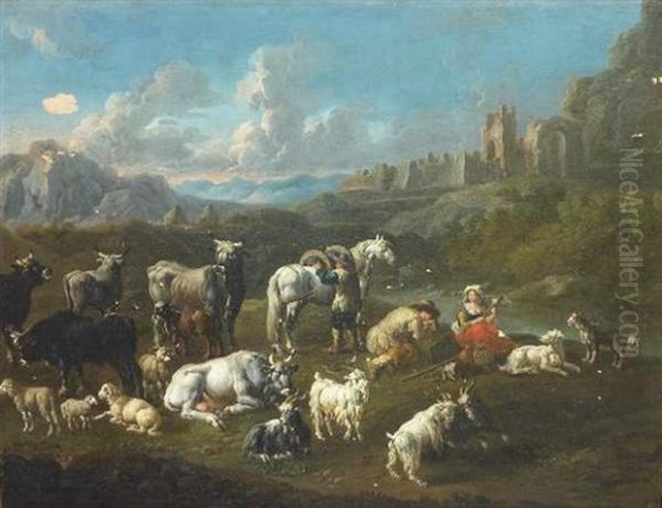 Repos Des Bergers Et De Leur Troupeau Dans Un Paysage - view 1