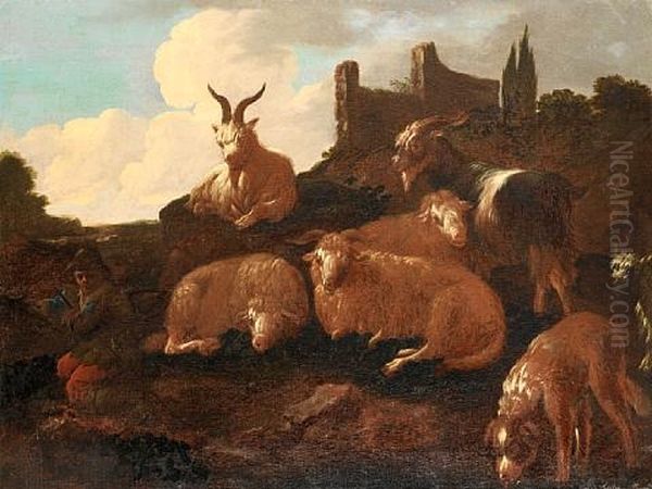 A Shepherd And His Flock Before A Landscape - view 1