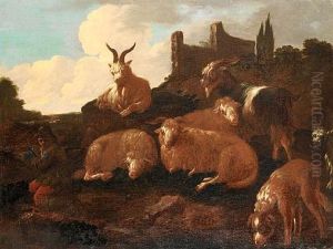 A Shepherd And His Flock Before A Landscape by Jacob (Rosa di Napoli) Roos