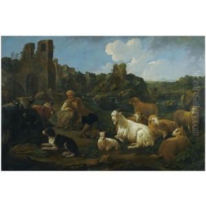 A Landscape With A Herder, Cattle, Sheep And A Dog In The Foreground by Jacob (Rosa di Napoli) Roos