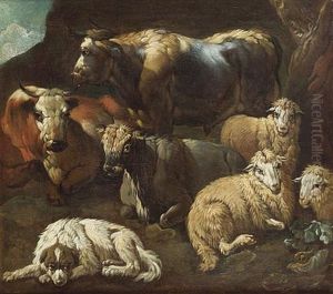Cattle And Sheep With A Sheepdog Resting In A Rocky Landscape