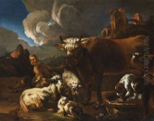 Lagernder Hirte Mit Herde Vor Arkadischer Landschaft by Jacob (Rosa di Napoli) Roos