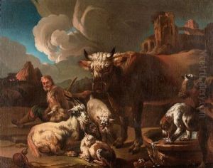 Lagernder Hirt Mit Herde Vor Arkadischer Landschaft by Jacob (Rosa di Napoli) Roos