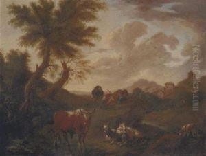 An Italianate Landscape With A Herdsman With Goats And Cattle by Jacob (Rosa di Napoli) Roos