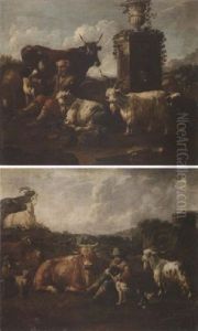 A Shepherd Resting With A Dog, A Cow And Goats In An Italianate Landscape by Jacob (Rosa di Napoli) Roos