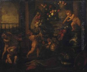 Putti Decorating A Herm With A Swag Of Fruit, With Fish And Armour