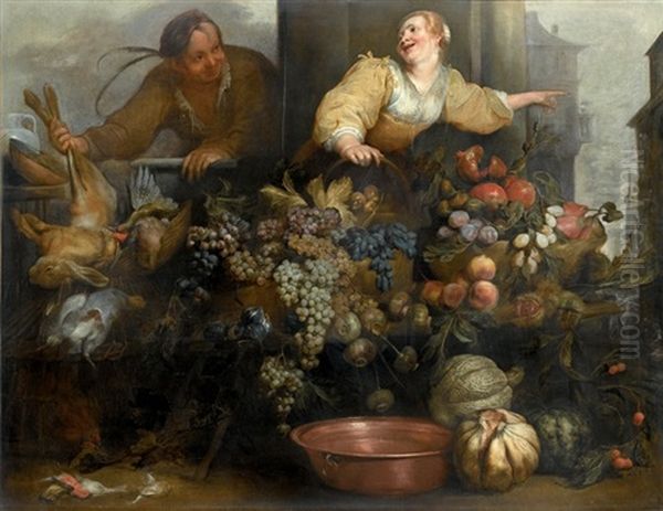 Composizione Di Frutta, Ortaggi E Cacciagione Con Due Figure - view 1