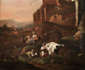A Shepherdess With A Child Resting In A Rocky Landscape With Her Flock