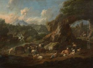 Berger Et Son Troupeau Dans Un Paysage D'italie by Johann Heinrich Roos