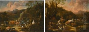 A Mother And Child With Horses, Cattle And Sheep By A Fountain In A Landscape; A Herdsman With Cattle, Sheep And Goats By A Waterfall In A Landscape by Johann Heinrich Roos