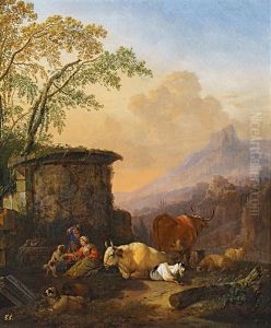 Italienische Landschaft Mit Hirten Und Vieh by Johann Heinrich Roos