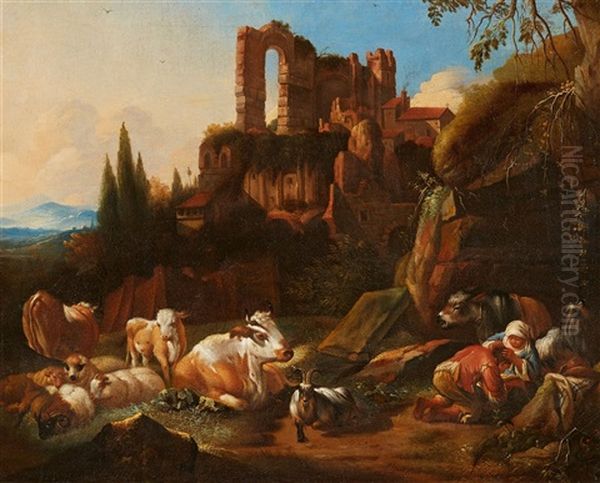 Italian Landscape With A Shepherd And His Cattle At Rest - view 1
