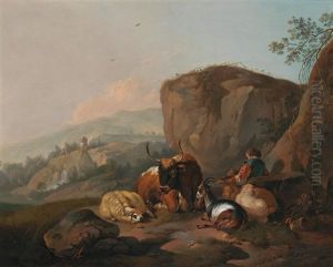 A Pair Of Italian Landscapes With Shepherds And Their Flocks by Johann Heinrich Roos