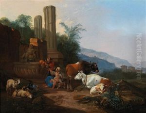 An Italian Landscape With Antique Ruins And A Shepherd Family With Their Flock