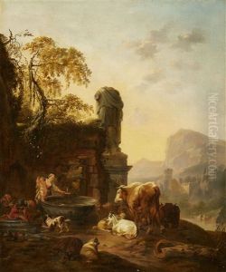 A Shepherd Family And Their Herd By A Well