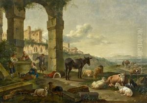 Hirten Mit Ihrem Vieh Am Brunnen In Antiker Ruinenlandschaft by Johann Heinrich Roos