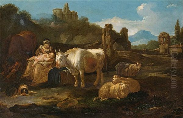 Shepherds And Their Animals In A Landscape - view 1