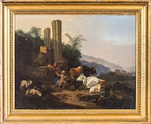 Paysage De Ruines Avec Une Gardienne De Troupeau by Johann Heinrich Roos