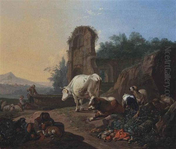 A Pastoral Landscape With A Sleeping Herdsman, Cattle, Goats And Sheep, A Fountain And Architectural Ruins Beyond - view 1