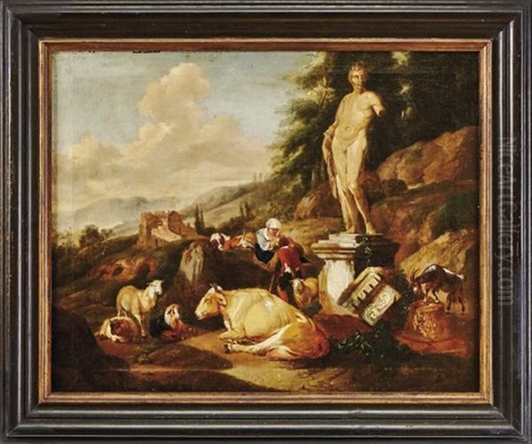 Italienische Landschaft Mit Antiker Skulptur Und Weidenden Tieren - view 1