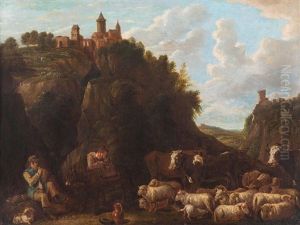 Hirtin Mit Rindern Und Schafherden In Mit Burgen Gekronter Felsenlandschaft Hirtin Mit Rindern Und Schafherden In Mit Burgen Gekronter Felsenlandschaft