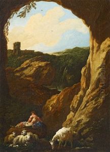 Sudliche Landschaft Mit Burgruine Und Einem Hirten by Johann Heinrich Roos