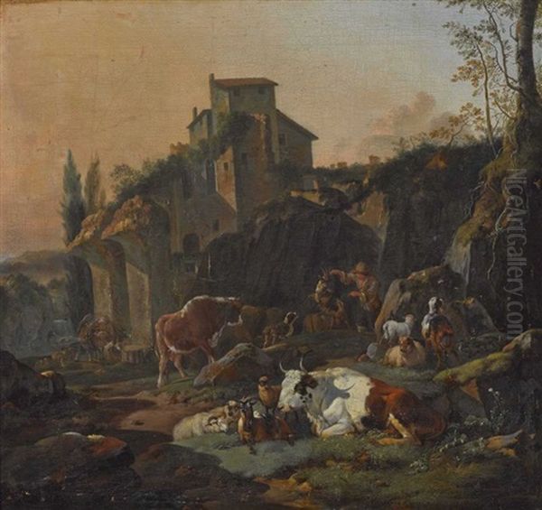Abendlandschaft Mit Lagernden Rindern, Schafen Und Ziegen. Im Hintergrund Felsen Und Ruinen. Im Mittelgrund Eine Hirte, Der Einen Ziegenbock Bandigt - view 1