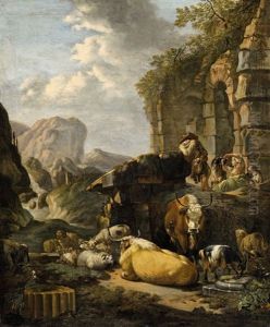 Southern Landscape With Herdsmen And Cattle by Johann Heinrich Roos