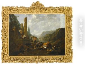 Travellers With Their Livestock Resting Amid Classical Ruins thumbnail