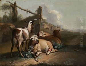 Drei Liegende Lammer Und Eine Stehende Ziege In Weiter Campagnalandschaft by Johann Heinrich Roos