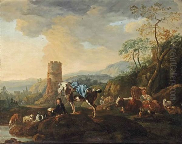 A Rocky Landscape With Shepherds And Their Cattle Resting By A Stream - view 1