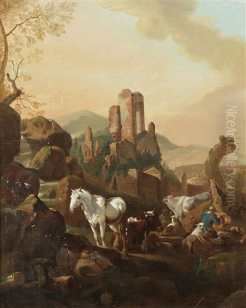 Horses And Cattle Before An Italianate Landscape, With Mountains On The Horizon - view 1