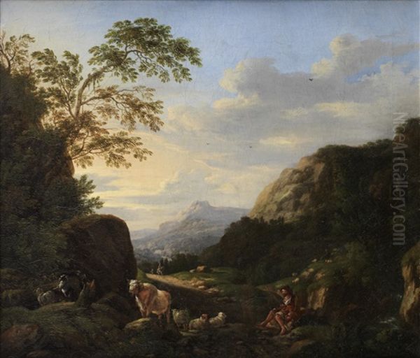 A Mountainous Landscape With A Drover And His Flock Resting Before A Stream - view 1